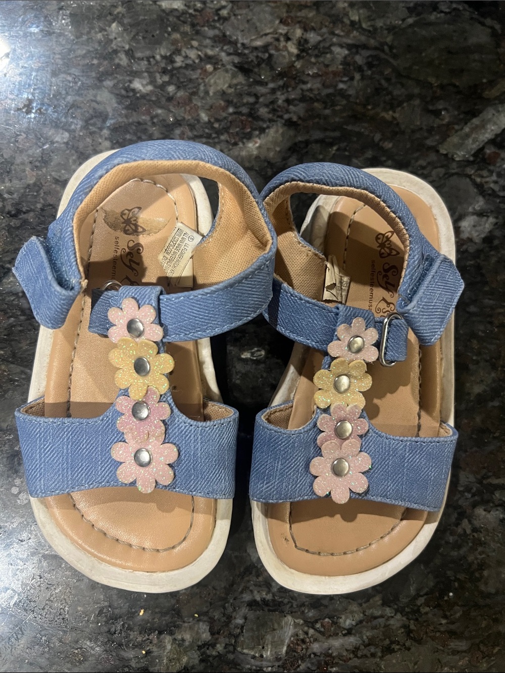 Self Esteem Blue Girls Sandals with Pink and Yellow Floral Accents